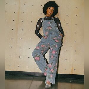 Dressed in LALA 90s Throwback Floral Denim Overalls XL